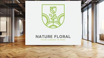 Natural floral line art logo eco green design Wall mural