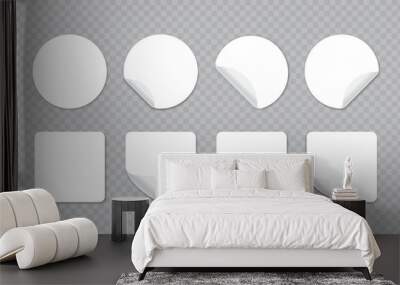 Set of white paper sticer mockups or square and circle shapes with curved corners isolated Wall mural