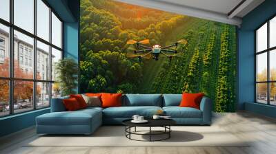 A drone is flying over a forest. Wall mural