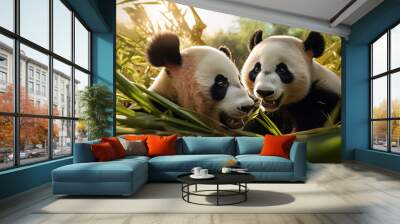 A Pair of Cute Pandas in the Bamboo Forest. Generative ai Wall mural