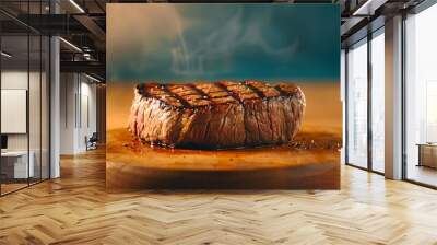 A perfectly grilled steak with grill marks, resting on a wooden board, emitting a light steam. Wall mural