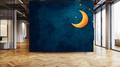 A serene crescent moon and stars shine against a deep blue night sky. Wall mural