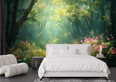 A serene path through a lush forest, adorned with vibrant flowers and dappled sunlight. Wall mural