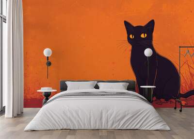 A sleek black cat sits beside a small pumpkin, set against a vibrant orange autumn backdrop. Wall mural