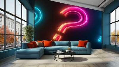 Colorful neon question marks glowing against a dark background. Wall mural