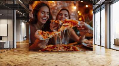 Friends sharing pizza dinner Wall mural