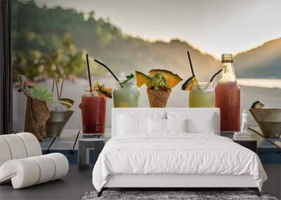 Pictures of fruit drinks and The ice cream is beautifully decorated and delicious. Wall mural