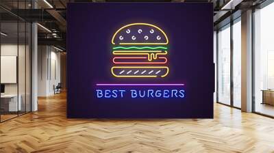 Hamburger neon sign. Glowing neon sign of big burger. best hamburgers letters glowing in retro colors. Fast food restaurant concept. Wall mural