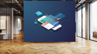 mobile development concept. isometric mobile phone with futuristic ui and layers of applications. ap Wall mural