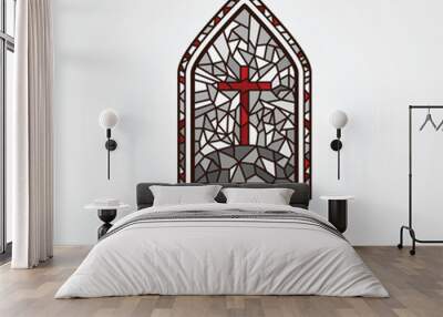 Monochrome stained glass window. Logo, emblem or icon with text. Cross on the hill. Thick line style flat style linear vector. Architecture, religious or gallery. Gray, white and red glass window. Wall mural