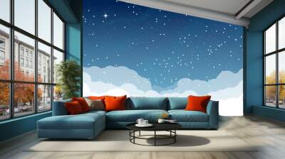 Starry sky with clouds. Dark night sky with shiny white stars and blue gradient sky. Horizontal vector template. Realistic sky view at night high in the sky. Wall mural