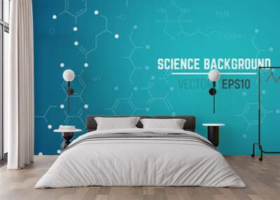 Vector science and technology concept. Real vitamins formulas connected to seamless pattern. Molecule sign. Lines and dots connected into network. Abstract vertical blue background with gradient. Wall mural