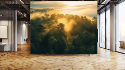 AI Generated. AI Generative. Beautiful green amazon forest landscape at sunset sunrise. Adventure explore air dron view vibe. Graphic Art Wall mural