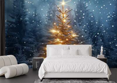 Christmas and winter holiday marketing background, with winter and christmas tree themes, christmas ornaments and presents, snowy vibes. Wall mural