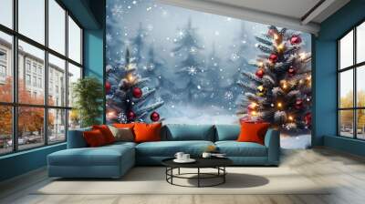 Christmas and winter holiday marketing background, with winter and christmas tree themes, christmas ornaments and presents, snowy vibes. Wall mural