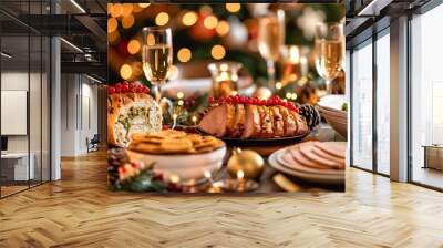 Christmas Dinner table full of dishes with food and snacks, New Year's decor with a Christmas tree on the background. Wall mural