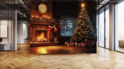 Christmas tree, fireplace and presents Wall mural