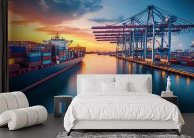 Container ship carrying container boxes import export dock with quay crane. Business commercial trade global cargo freight shipping logistic and transportation worldwide oversea concept. Generative AI Wall mural