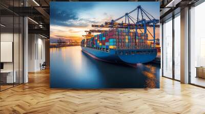 Container ship carrying container boxes import export dock with quay crane. Business commercial trade global cargo freight shipping logistic and transportation worldwide oversea concept. Generative AI Wall mural