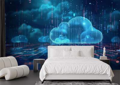 Digital informational technology web futuristic hologram with cloud icon, blue golden light digits and code background, cloud computing. Abstract Motion of digital data flow. Wall mural