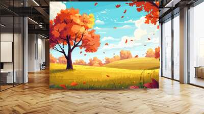 Illustration depicting a cartoon style autumn landscape background with trees rendered in cartoon Wall mural