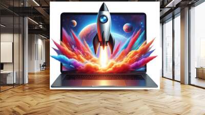 Launching Space Rocket From Laptop Screen Wall mural