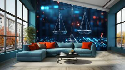 Law scales on background of data center. Digital law concept of duality of Judiciary, Jurisprudence and Justice and data in the modern world. Copy space. Wall mural