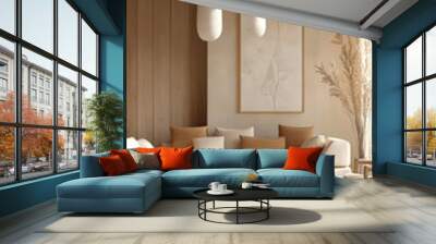 Modern interior japandi style design livingroom. Lighting and sunny scandinavian apartment with plaster and wood. 3d render illustration. Wall mural