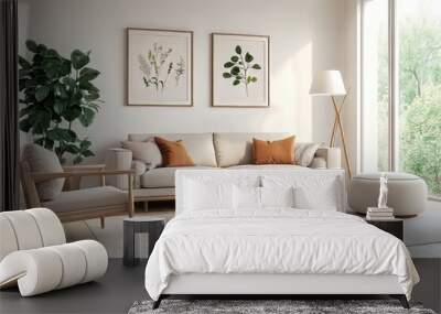 Modern Scandinavian home interior design characterized by an elegant living room featuring a comfortable sofa, mid century furniture, cozy carpet, wooden floor, white walls, and home plants. Wall mural