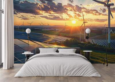 Modern Wind turbines and solar panels sunset light. Concept eco green renewable energy Wall mural