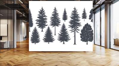 Pine tree silhouettes. Evergreen forest firs and spruces black shapes, wild nature trees templates. Vector illustration woodland trees set on white background Wall mural