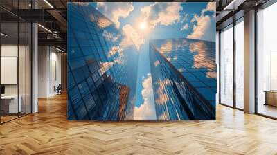 Reflective skyscraper business office buildings. Bottom up view of big modern city urban landscape Wall mural