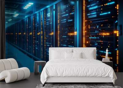 Row of network servers with glowing LED lights. Wall mural