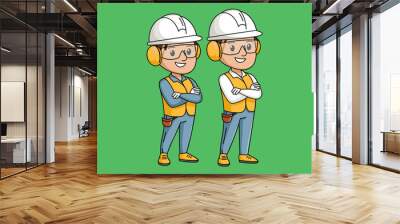 Two industrial workers with earmuffs on white background Wall mural