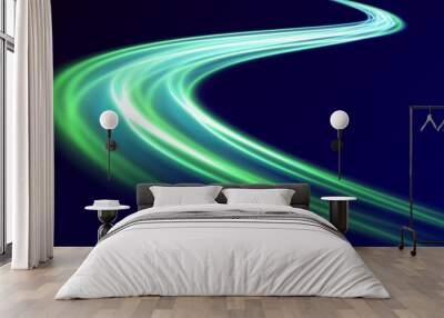 Abstract background in blue, yellow and orange neon colors. Cyberpunk light trails in motion or light slow shutter effect. Acceleration speed motion on night road. Bright sparkling background.  Wall mural