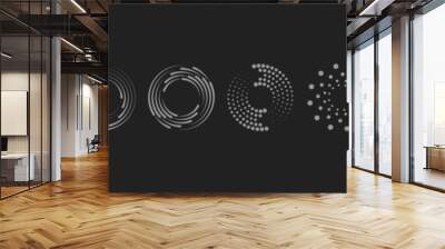 Dot circle pattern. Orange round halftone dot patterns. Spiral halftones frame. Set of swirl abstract ripple elements. Circular graphic textures isolated on black background. Vector.
 Wall mural