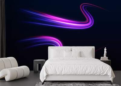 Dynamic composition of bright lines forming lights path of speed movement, futuristic dark background, graphic design element Wall mural