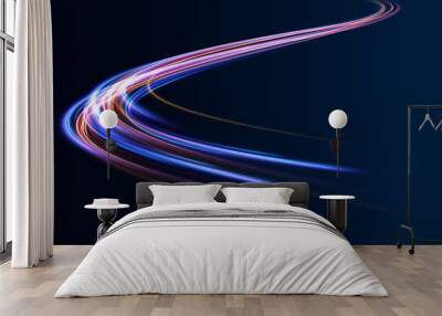 Luminous bright background. High speed effect motion blur night lights blue and red. Magic shining neon light line trails. Purple glowing wave swirl, impulse cable lines. Long time exposure. Vector	 Wall mural