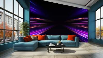 Neon stripes in the form of drill, turns and swirl. Illustration of high speed concept.  Image of speed motion on the road. Abstract background in blue and purple neon glow colors. Wall mural