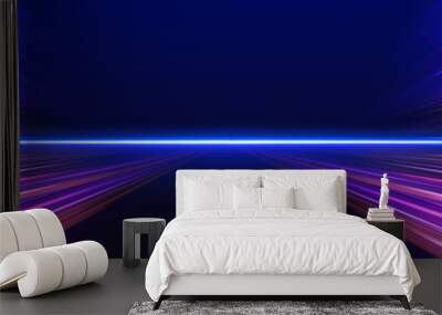 Panoramic high speed technology concept, light abstract background. High-speed light trails effect. Purple glowing wave swirl, impulse cable lines.  Wall mural