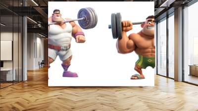 set of bodybuilder athlete cartoon characters, 3d illustration design, isolated on transparent background, generative ai Wall mural