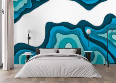 Illustrated ocean blue  paper cut background with simple wave shapes or art image. Modern for graphic design. Realistic 3d layered smooth bending objects Wall mural