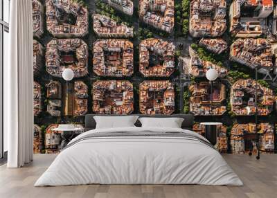 Aerial view of typical buildings of Barcelona cityscape from helicopter. top view, Eixample residencial famous urban grid Wall mural