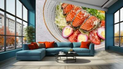 Caesar salad with baked salmon on a stone background studio food photo 5 Wall mural