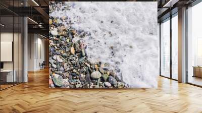 pebble coastline. Seashore with transparent water and small stones. Wall mural