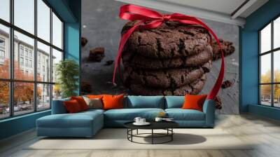 Tall stack of soft homemade chocolate chip cookies with a bite mark Wall mural