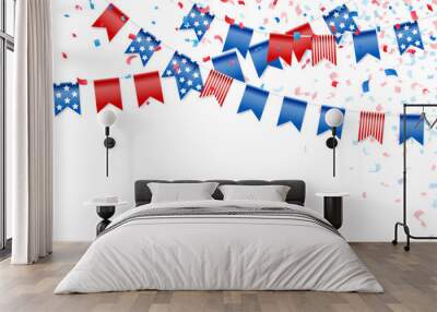 Feast flags with falling confetti for american independence day. Holiday decoration. Isolated vector design elements. Wall mural