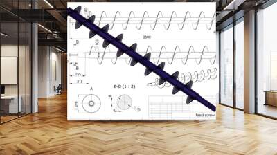 3d illustration of archimedes screw above the engineering drawing Wall mural