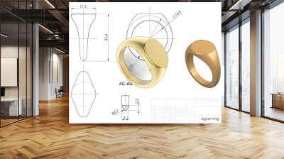 3d illustration of signet ring above engineering drawing Wall mural