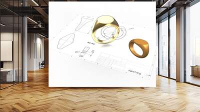 3d illustration of signet ring above engineering drawing Wall mural